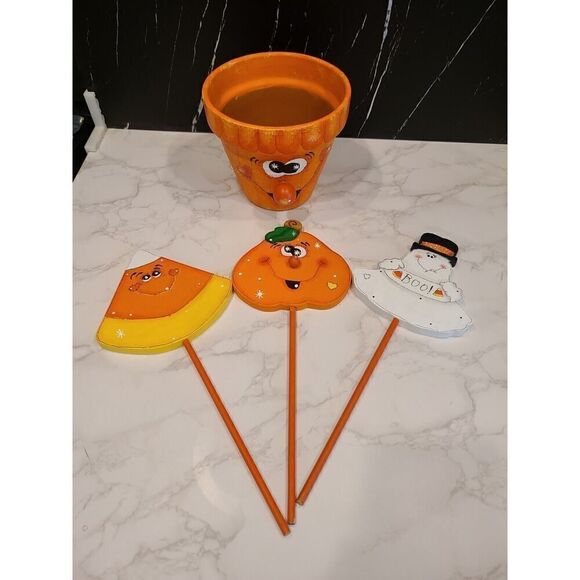 Hand Painted Wood Folk Art Ghost Pumpkin Candy Corn 3D Planter Décor Halloween - Picture 4 of 11